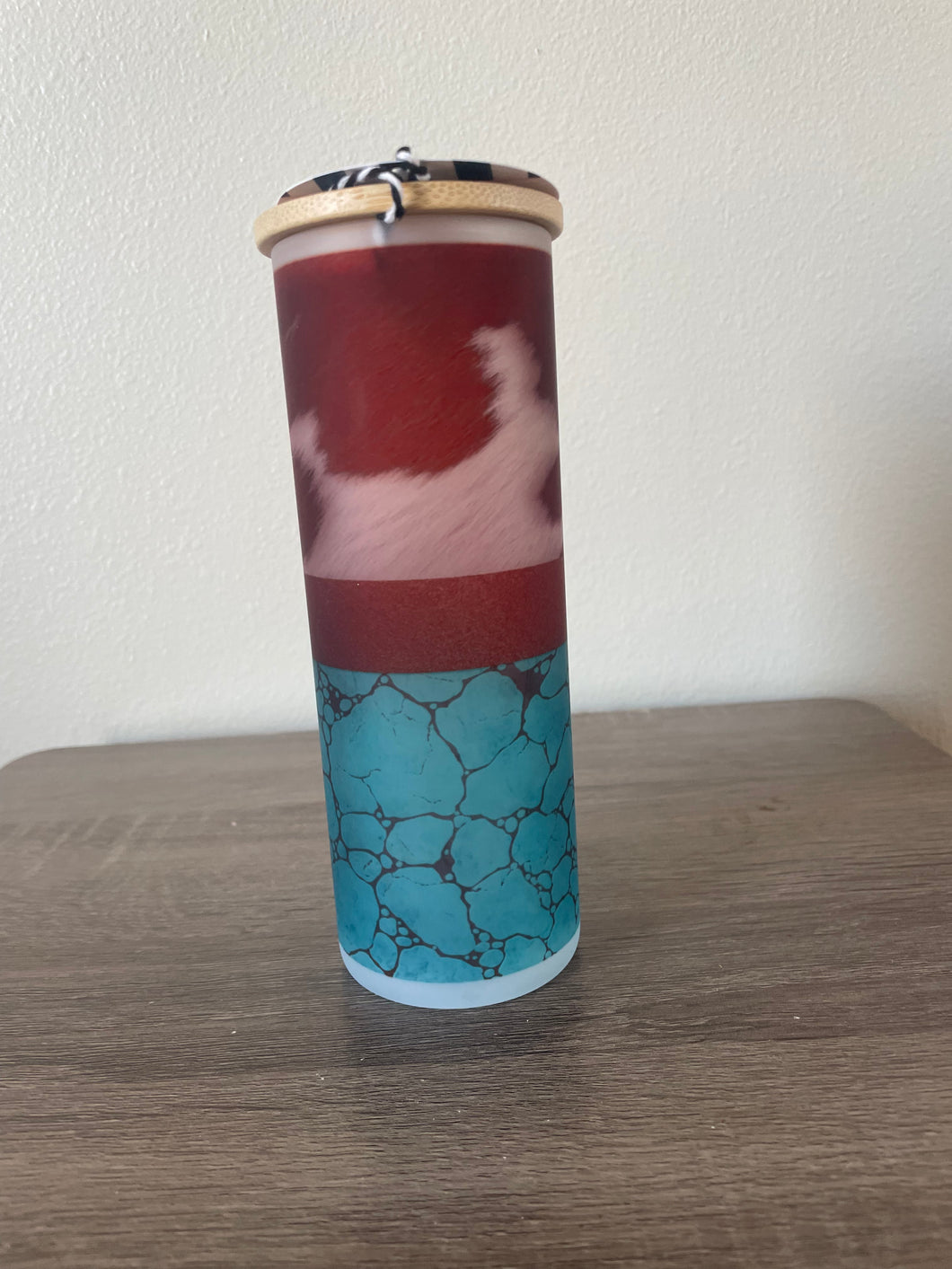 Cow hide and turquoise glass tumbler
